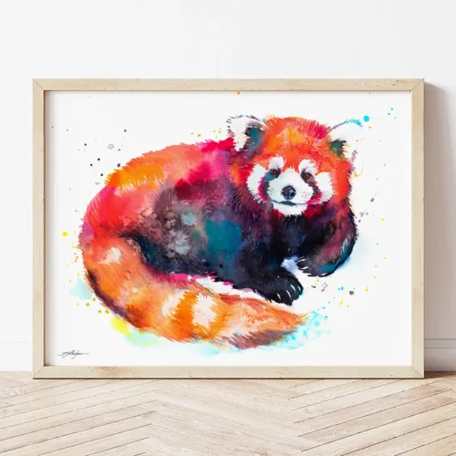 Red Panda Sitting watercolor painting the artwork on the T-shirt by Slaveika Aladjova