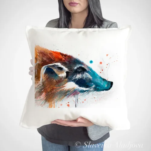 Red River Hog Art Pillow Cover, Watercolor Cushion 50 × 50 cm Red River Hog watercolor painting printed on a 50 x 50 cm cotton art pillow cover by Slaveika Aladjova