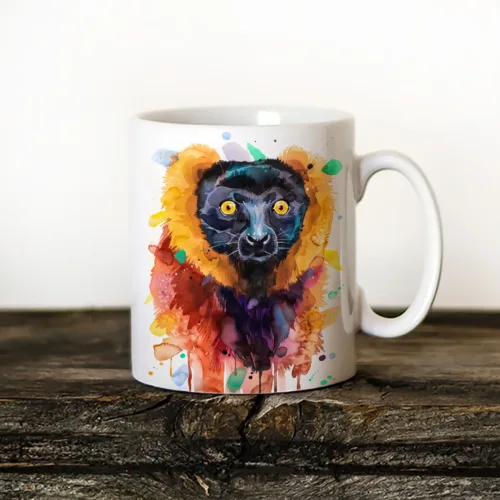 Red Ruffed Lemur Art Mug, Watercolor Ceramic Mug 11 oz Red Ruffed Lemur watercolor painting printed on an 11 oz ceramic art mug by Slaveika Aladjova