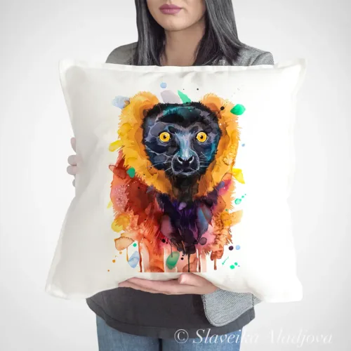 Red Ruffed Lemur Art Pillow Cover, Watercolor Cushion 50 × 50 cm Red Ruffed Lemur watercolor painting printed on a 50 x 50 cm cotton art pillow cover by Slaveika Aladjova