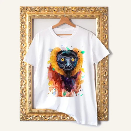 Red Ruffed Lemur T-Shirt, Watercolor Art Tee Red Ruffed Lemur watercolor painting printed on a white cotton T-shirt by Slaveika Aladjova