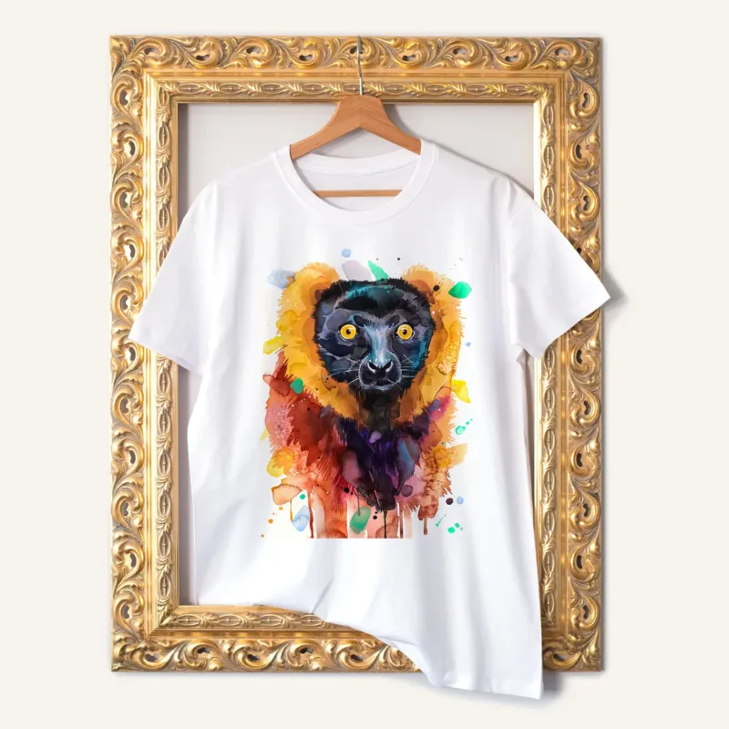Red Ruffed Lemur watercolor painting printed on a white cotton T-shirt by Slaveika Aladjova