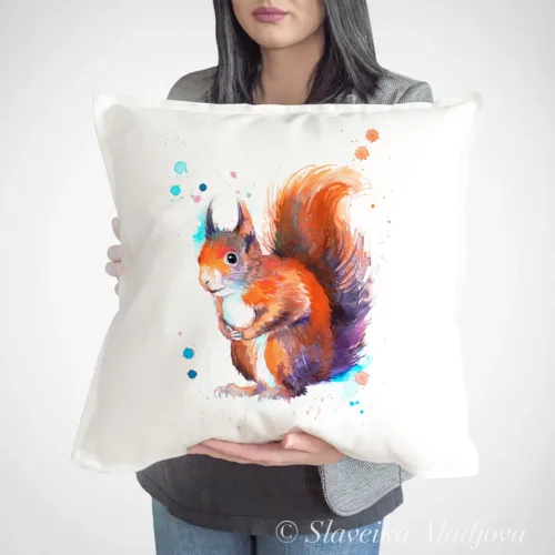 Red Squirrel Art Pillow Cover, Watercolor Cushion 50 × 50 cm Red Squirrel watercolor painting printed on a 50 x 50 cm cotton art pillow cover by Slaveika Aladjova
