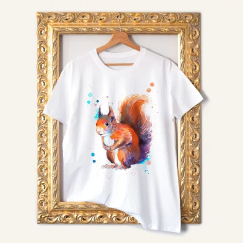 Red Squirrel watercolor painting printed on a white cotton T-shirt by Slaveika Aladjova