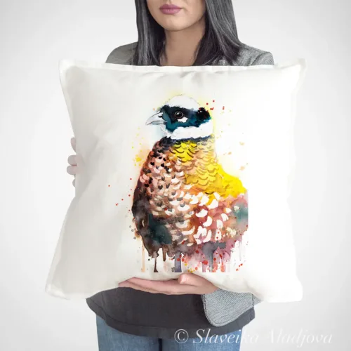 Reeves's Pheasant Art Pillow Cover, Watercolor Cushion 50 × 50 cm Reeves's Pheasant watercolor painting printed on a 50 x 50 cm cotton art pillow cover by Slaveika Aladjova