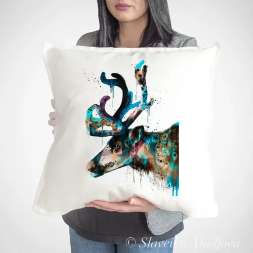 Reindeer watercolor painting printed on a 50 x 50 cm cotton art pillow cover by Slaveika Aladjova