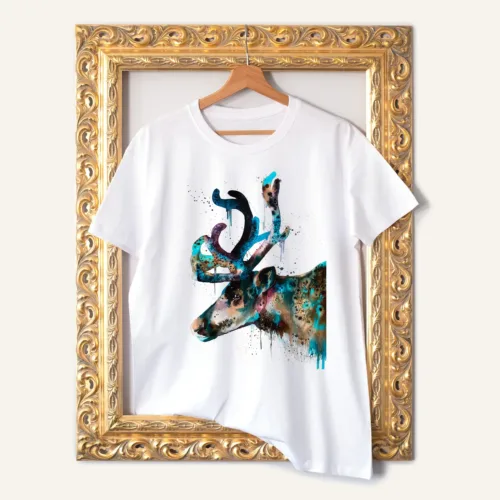 Reindeer watercolor painting printed on a white cotton T-shirt by Slaveika Aladjova