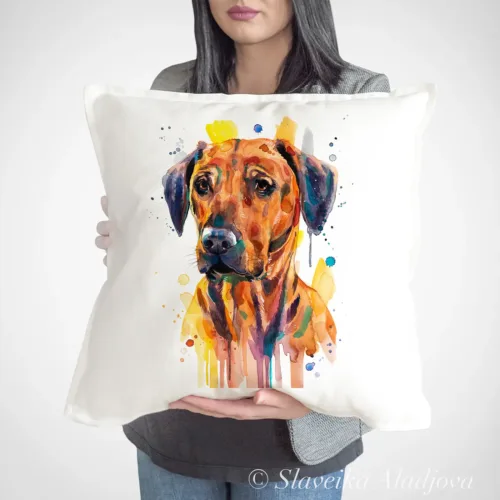 Rhodesian Ridgeback watercolor painting printed on a 50 x 50 cm cotton art pillow cover by Slaveika Aladjova