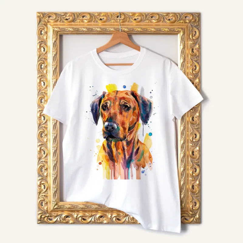 Rhodesian Ridgeback watercolor painting printed on a white cotton T-shirt by Slaveika Aladjova
