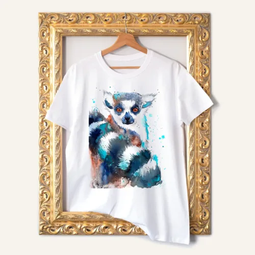 Ring-tailed Lemur T-Shirt, Watercolor Art Tee Ring-tailed Lemur watercolor painting printed on a white cotton T-shirt by Slaveika Aladjova