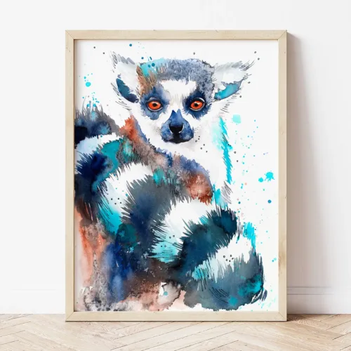 Ring-tailed Lemur watercolor painting the artwork on the T-shirt by Slaveika Aladjova