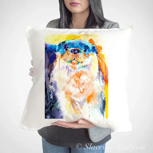 River Otter watercolor painting printed on a 50 x 50 cm cotton art pillow cover by Slaveika Aladjova
