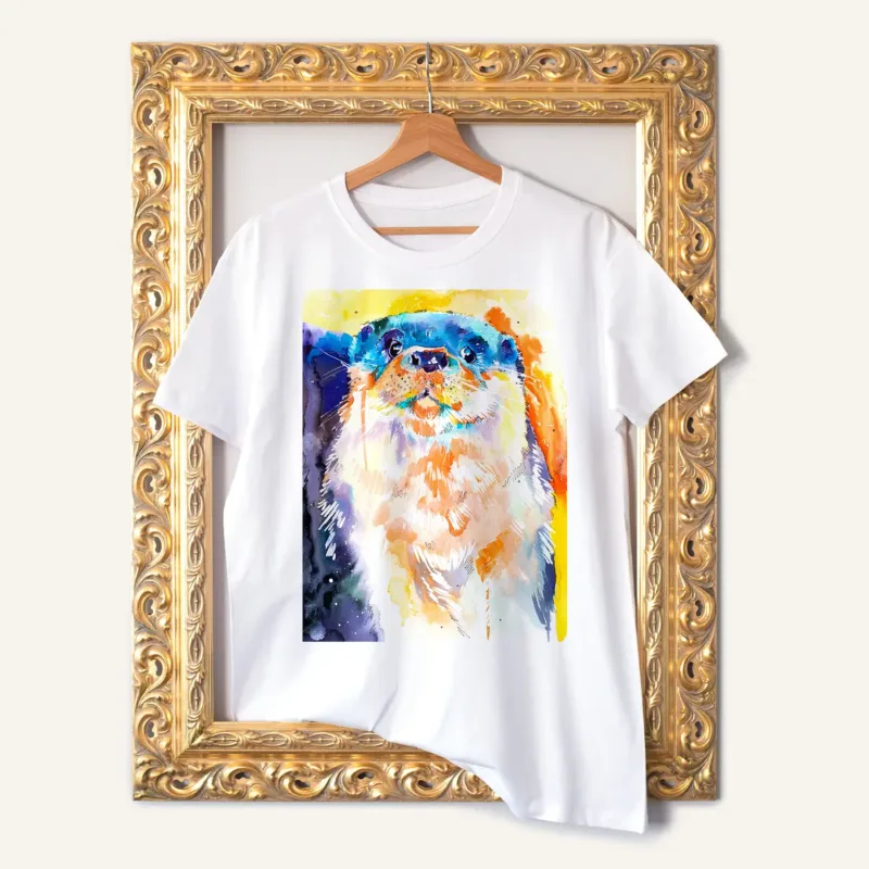 River Otter watercolor painting printed on a white cotton T-shirt by Slaveika Aladjova