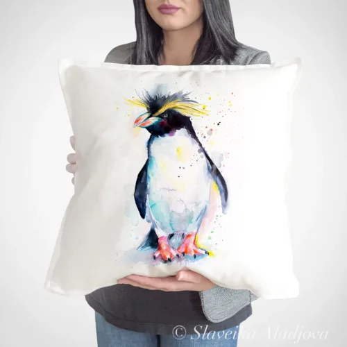 Rockhopper Penguin Art Pillow Cover, Watercolor Cushion 50 × 50 cm Rockhopper Penguin watercolor painting printed on a 50 x 50 cm cotton art pillow cover by Slaveika Aladjova