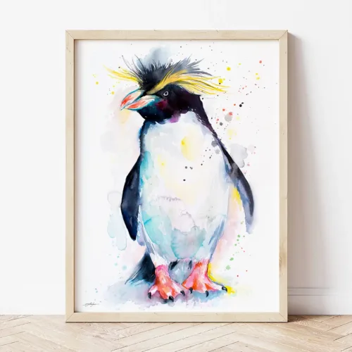Rockhopper Penguin watercolor painting the artwork on the T-shirt by Slaveika Aladjova