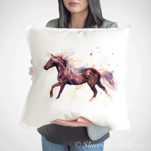 Rocky Mountain Horse watercolor painting printed on a 50 x 50 cm cotton art pillow cover by Slaveika Aladjova