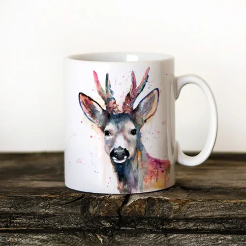Roe Deer in Pink watercolor painting printed on an 11 oz ceramic art mug by Slaveika Aladjova