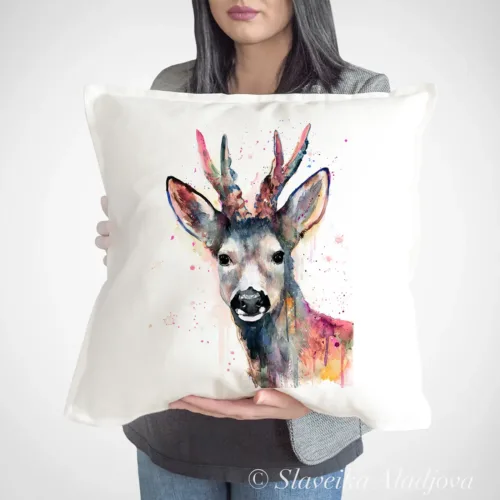 Roe Deer in Pink watercolor painting printed on a 50 x 50 cm cotton art pillow cover by Slaveika Aladjova