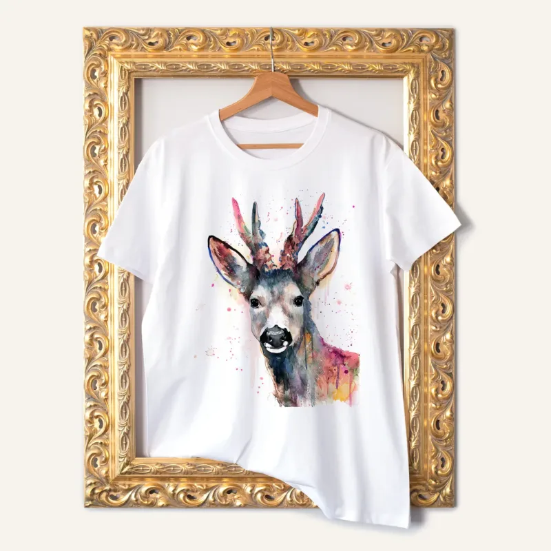 Roe Deer in Pink watercolor painting printed on a white cotton T-shirt by Slaveika Aladjova