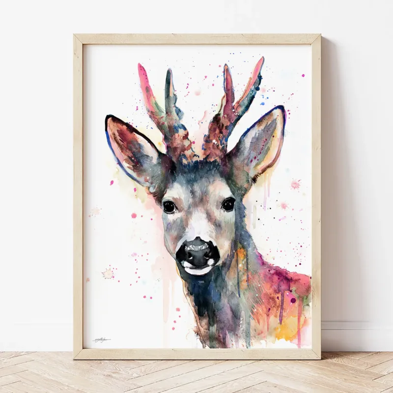Roe Deer in Pink watercolor painting the artwork on the T-shirt by Slaveika Aladjova
