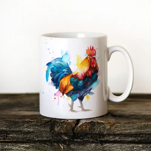 Rooster watercolor painting printed on an 11 oz ceramic art mug by Slaveika Aladjova