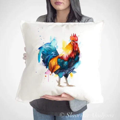 Rooster Art Pillow Cover, Watercolor Cushion 50 × 50 cm Rooster watercolor painting printed on a 50 x 50 cm cotton art pillow cover by Slaveika Aladjova