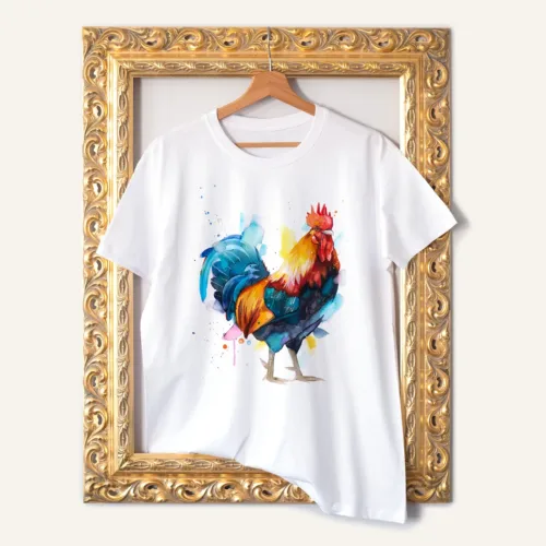 Rooster watercolor painting printed on a white cotton T-shirt by Slaveika Aladjova