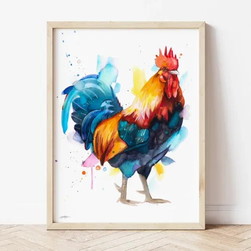 Rooster watercolor painting the artwork on the T-shirt by Slaveika Aladjova