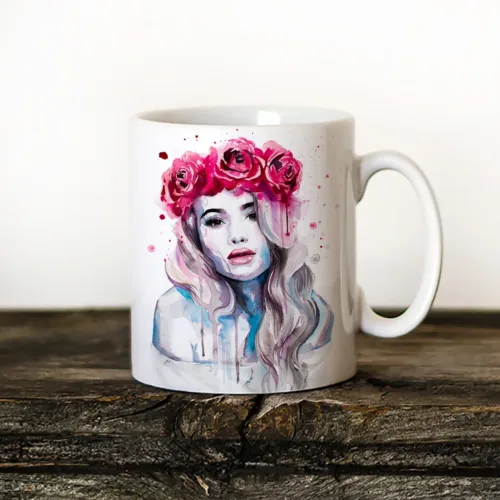 Rose Crown Girl watercolor painting printed on an 11 oz ceramic art mug by Slaveika Aladjova