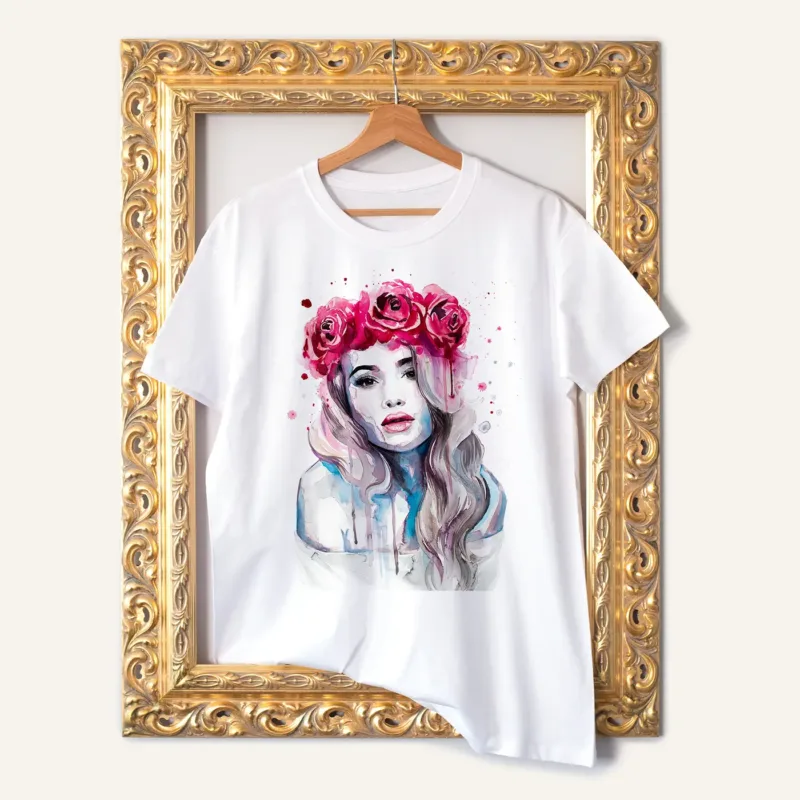 Rose Crown Girl watercolor painting printed on a white cotton T-shirt by Slaveika Aladjova