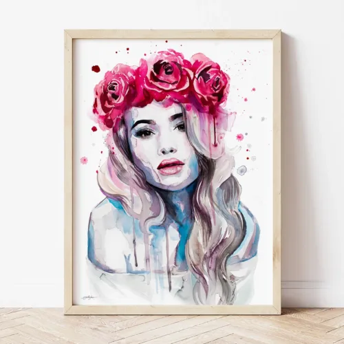 Rose Crown Girl watercolor painting the artwork on the T-shirt by Slaveika Aladjova