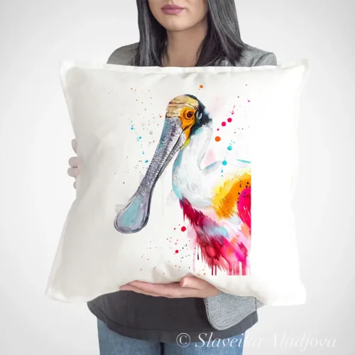Roseate Spoonbill Art Pillow Cover, Watercolor Cushion 50 × 50 cm Roseate Spoonbill watercolor painting printed on a 50 x 50 cm cotton art pillow cover by Slaveika Aladjova
