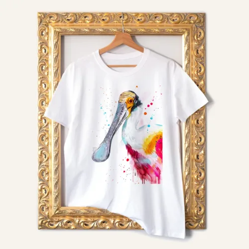 Roseate Spoonbill watercolor painting printed on a white cotton T-shirt by Slaveika Aladjova