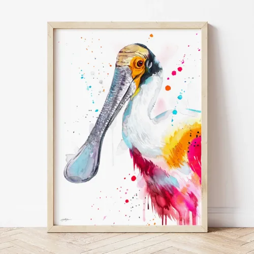 Roseate Spoonbill watercolor painting the artwork on the T-shirt by Slaveika Aladjova