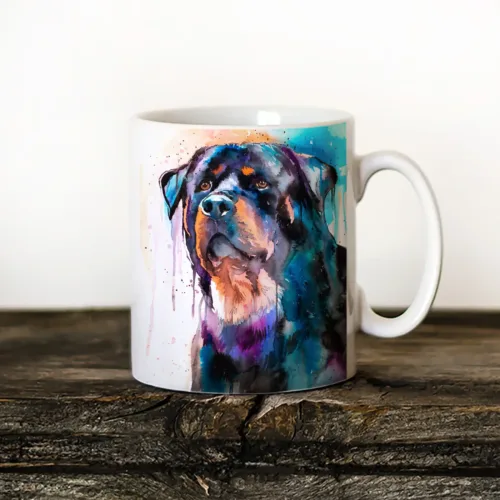 Rottweiler watercolor painting printed on an 11 oz ceramic art mug by Slaveika Aladjova