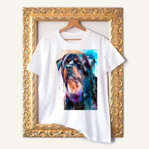 Rottweiler watercolor painting printed on a white cotton T-shirt by Slaveika Aladjova
