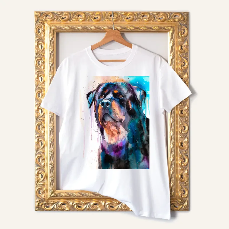 Rottweiler watercolor painting printed on a white cotton T-shirt by Slaveika Aladjova