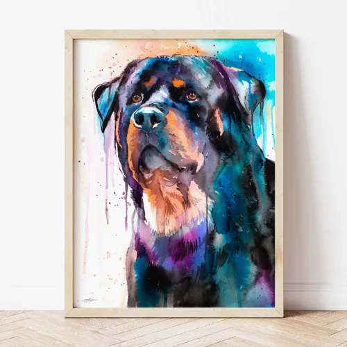 Rottweiler watercolor painting the artwork on the T-shirt by Slaveika Aladjova