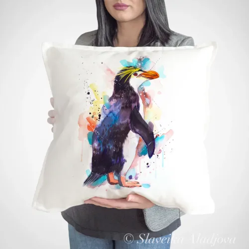 Royal Penguin watercolor painting printed on a 50 x 50 cm cotton art pillow cover by Slaveika Aladjova