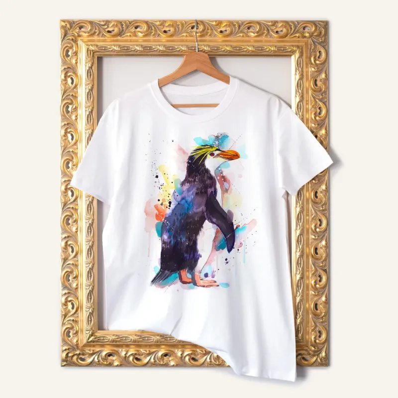 Royal Penguin watercolor painting printed on a white cotton T-shirt by Slaveika Aladjova