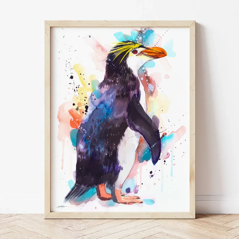 Royal Penguin watercolor painting the artwork on the T-shirt by Slaveika Aladjova