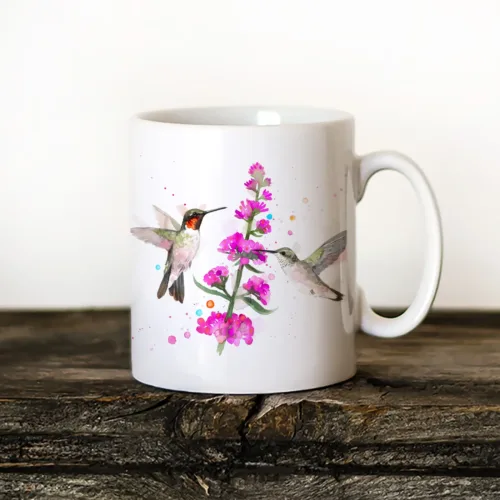 Ruby-throated Hummingbirds watercolor painting printed on an 11 oz ceramic art mug by Slaveika Aladjova