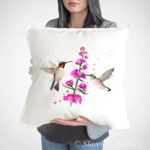 Ruby-throated Hummingbirds Art Pillow Cover, Watercolor Cushion 50 × 50 cm Ruby-throated Hummingbirds watercolor painting printed on a 50 x 50 cm cotton art pillow cover by Slaveika Aladjova