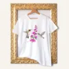 Ruby-throated Hummingbirds watercolor painting printed on a white cotton T-shirt by Slaveika Aladjova