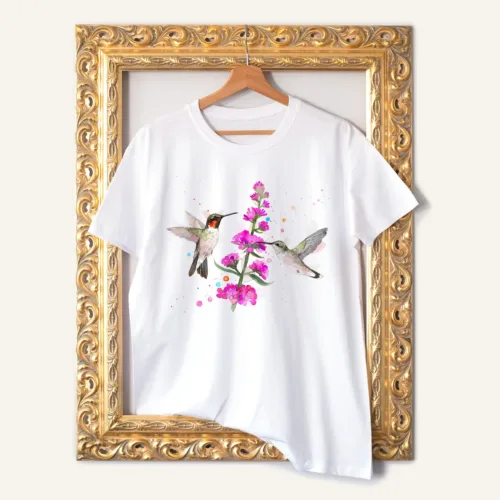 Ruby-throated Hummingbirds watercolor painting printed on a white cotton T-shirt by Slaveika Aladjova