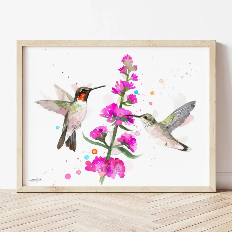 Ruby-throated Hummingbirds watercolor painting the artwork on the T-shirt by Slaveika Aladjova