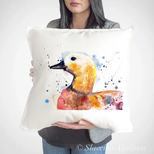 Ruddy Shelduck watercolor painting printed on a 50 x 50 cm cotton art pillow cover by Slaveika Aladjova