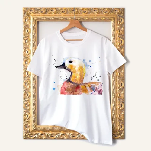 Ruddy Shelduck watercolor painting printed on a white cotton T-shirt by Slaveika Aladjova