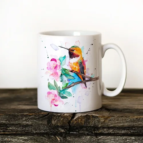 Rufous Hummingbird watercolor painting printed on an 11 oz ceramic art mug by Slaveika Aladjova