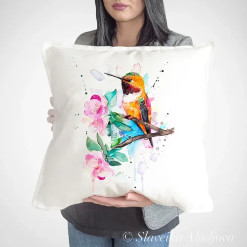 Rufous Hummingbird Art Pillow Cover, Watercolor Cushion 50 × 50 cm Rufous Hummingbird watercolor painting printed on a 50 x 50 cm cotton art pillow cover by Slaveika Aladjova